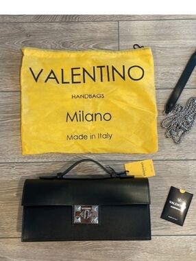 Valentino Black Leather Shoulder Bag with Silver-Tone Chain and Stud Turn-Lock